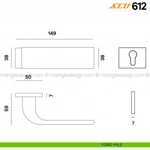 Maniglia per porta ALU 612 Comit con rosetta rettangolare foro yale