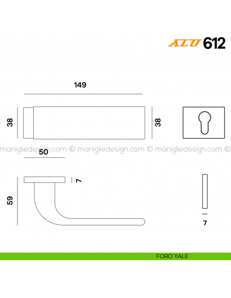 Maniglia per porta ALU 612 Comit con rosetta rettangolare foro yale