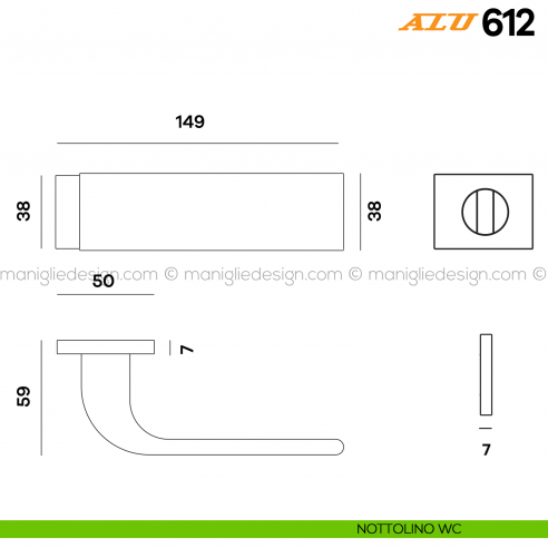 Maniglia per porta ALU 612 Comit con rosetta rettangolare con nottolino WC