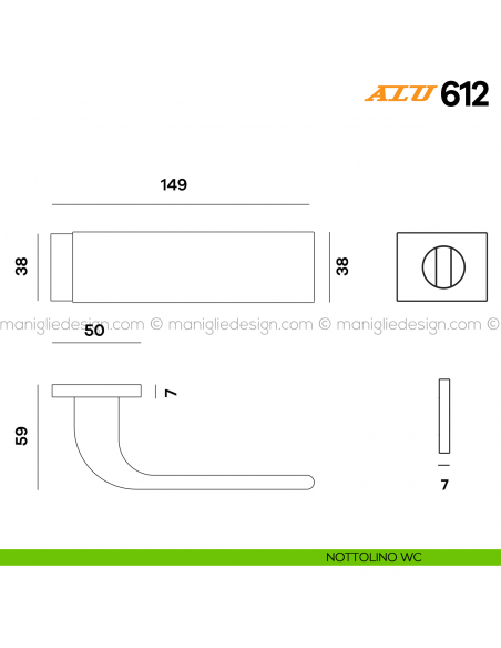 Maniglia per porta ALU 612 Comit con rosetta rettangolare con nottolino WC