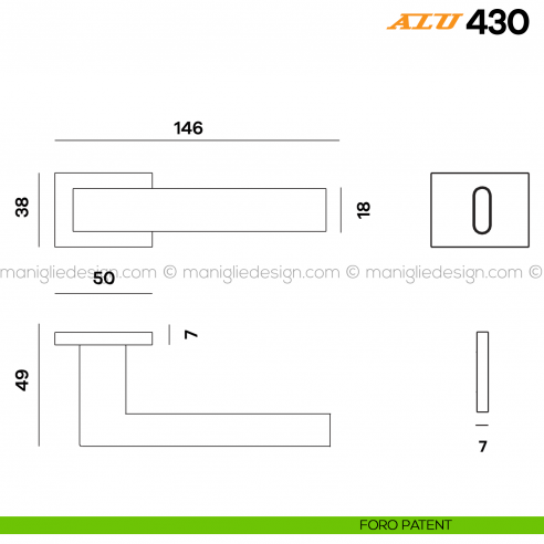Maniglia per porta ALU 430 Comit con rosetta rettangolare foro patent