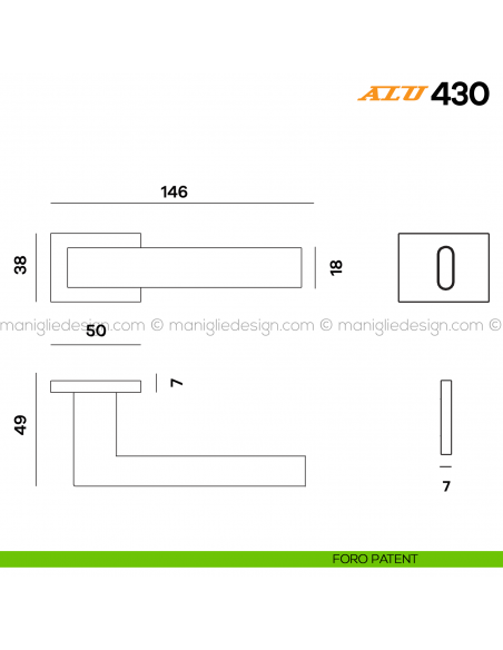 Maniglia per porta ALU 430 Comit con rosetta rettangolare foro patent