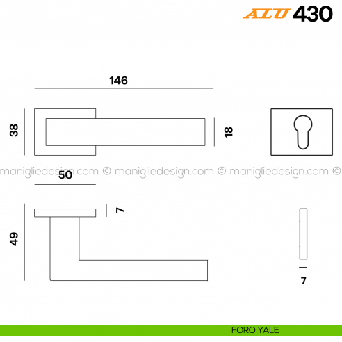 Maniglia per porta ALU 430 Comit con rosetta rettangolare foro yale