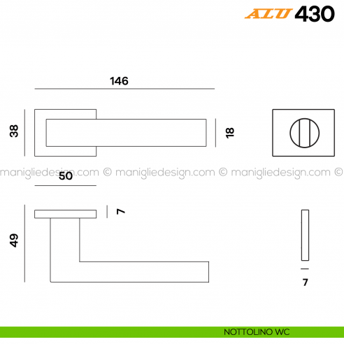 Maniglia per porta ALU 430 Comit con rosetta rettangolare con nottolino WC