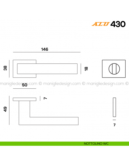 Maniglia per porta ALU 430 Comit con rosetta rettangolare con nottolino WC