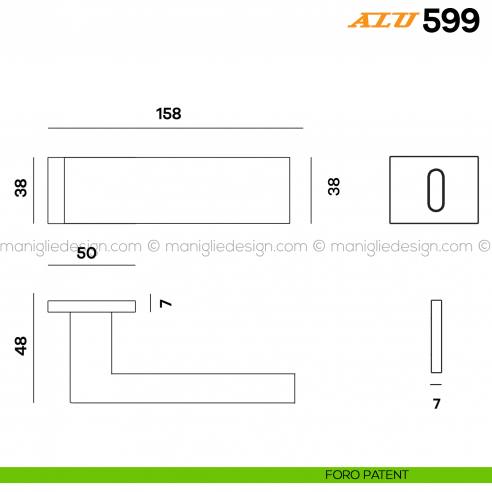 Maniglia per porta ALU 599 Comit con rosetta rettangolare foro patent