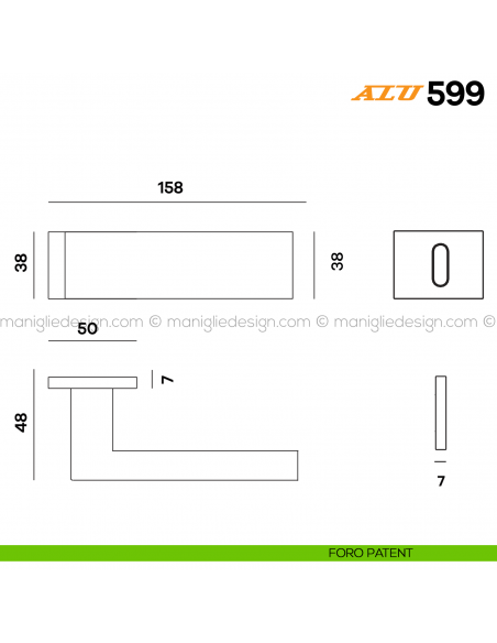 Maniglia per porta ALU 599 Comit con rosetta rettangolare foro patent