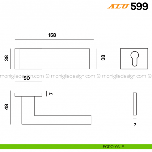Maniglia per porta ALU 599 Comit con rosetta rettangolare foro yale