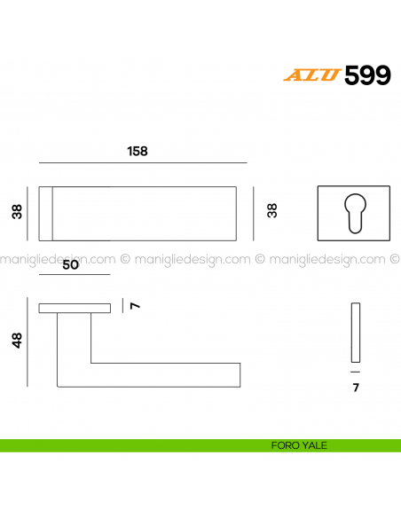 Maniglia per porta ALU 599 Comit con rosetta rettangolare foro yale
