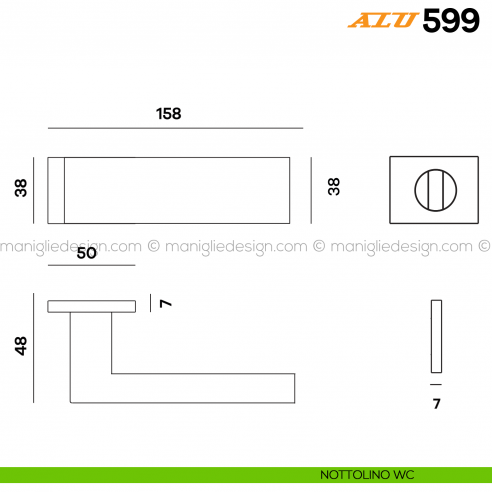Maniglia per porta ALU 599 Comit con rosetta rettangolare con nottolino WC