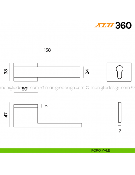 Maniglia per porta ALU 360 Comit con rosetta rettangolare foro yale