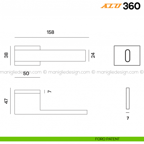 Maniglia per porta ALU 360 Comit con rosetta rettangolare foro patent