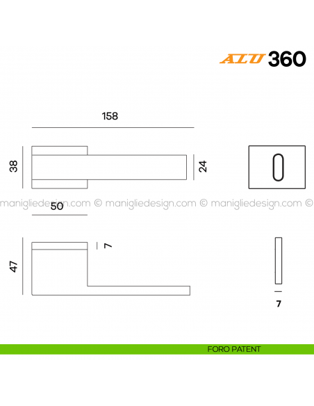 Maniglia per porta ALU 360 Comit con rosetta rettangolare foro patent