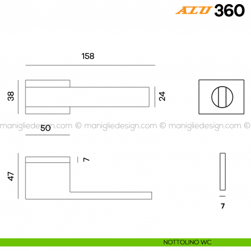 Maniglia per porta ALU 360 Comit con rosetta rettangolare con nottolino WC