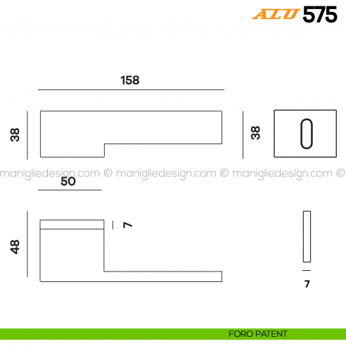 Maniglia per porta ALU 575 Comit con rosetta rettangolare foro patent