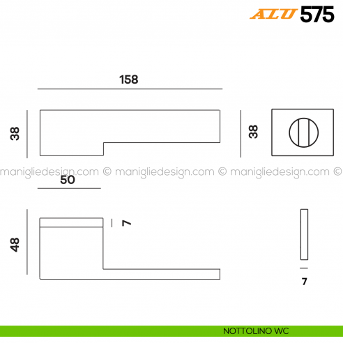 Maniglia per porta ALU 575 Comit con rosetta rettangolare con nottolino WC