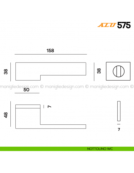 Maniglia per porta ALU 575 Comit con rosetta rettangolare con nottolino WC