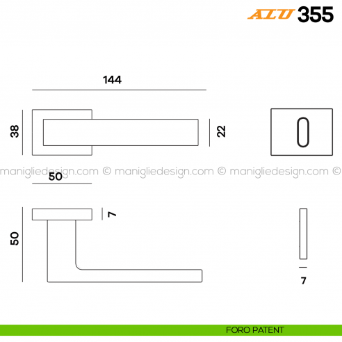 Maniglia per porta ALU 355 Comit con rosetta rettangolare foro patent