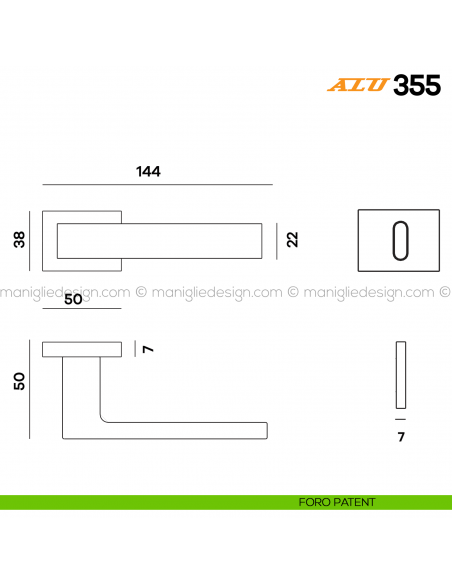 Maniglia per porta ALU 355 Comit con rosetta rettangolare foro patent