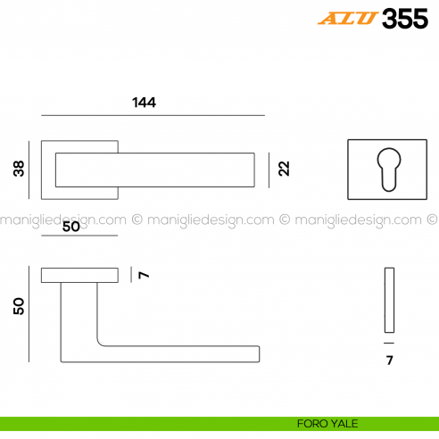 Maniglia per porta ALU 355 Comit con rosetta rettangolare foro yale