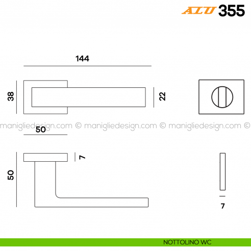 Maniglia per porta ALU 355 Comit con rosetta rettangolare con nottolino WC