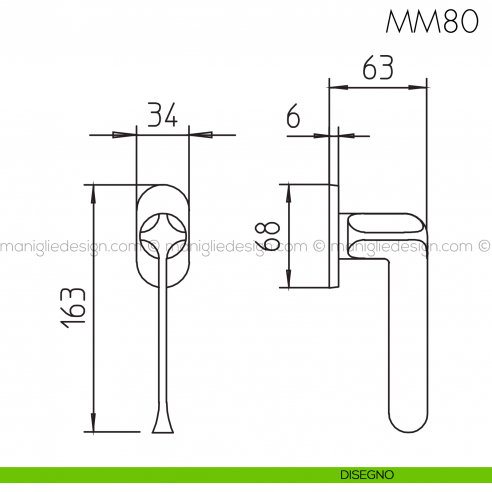 Maniglia per finestra martellina DK MM80 Mandelli disegno