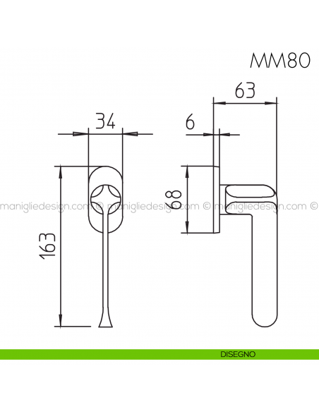Maniglia per finestra martellina DK MM80 Mandelli disegno