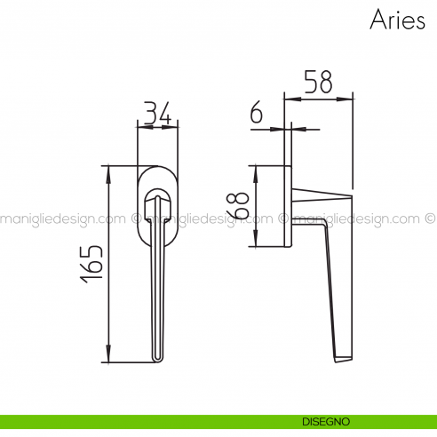 Maniglia per finestra martellina DK Aries Mandelli disegno
