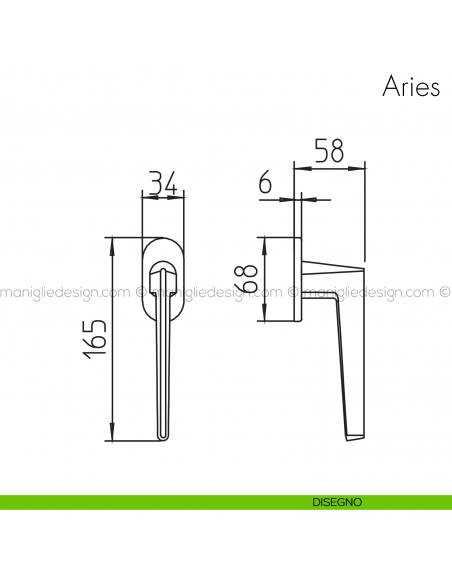 Maniglia per finestra martellina DK Aries Mandelli disegno
