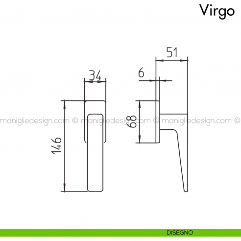 Maniglia per finestra martellina DK Virgo Mandelli disegno