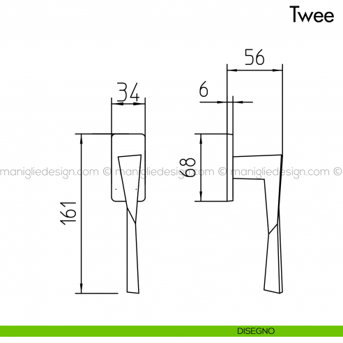 Maniglia per finestra martellina DK Twee Mandelli disegno