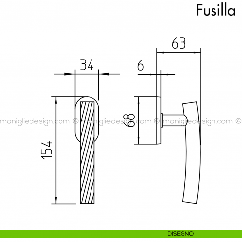 Maniglia per finestra martellina DK Fusilla Mandelli disegno