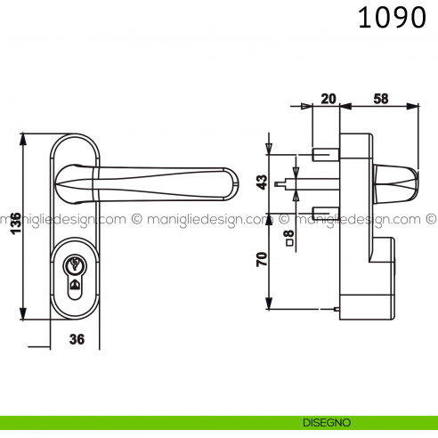 Gruppo cilindro maniglia 1090 Antipanic per maniglione antipanico disegno