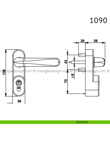 Gruppo cilindro maniglia 1090 Antipanic per maniglione antipanico disegno