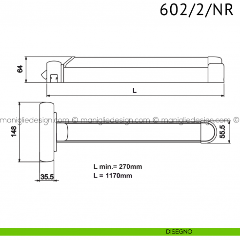 Modulo Push Bar 602/2/NR Antipanic chiusura verticale per maniglione antipanico disegno