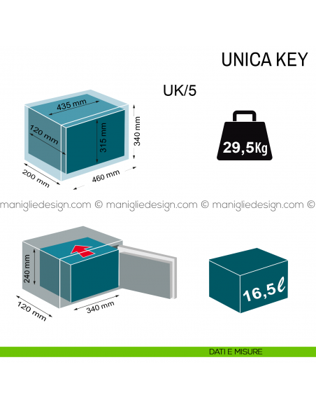 Cassaforte a muro Technomax Unica Key con chiave UK/5 dimensioni