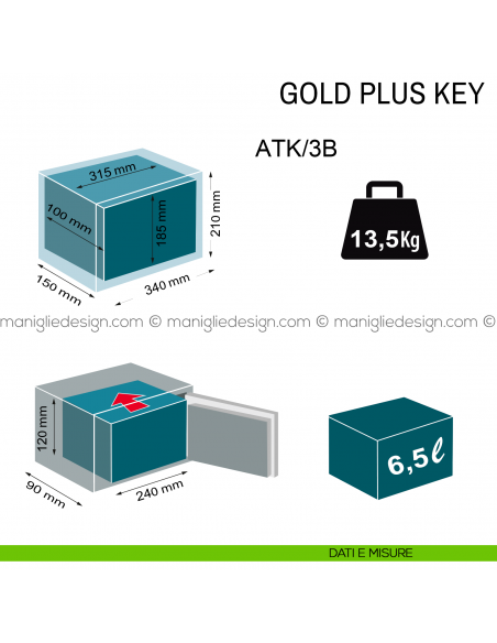 Cassaforte Technomax Gold Plus Key con chiave ATK/3B a muro dimensioni