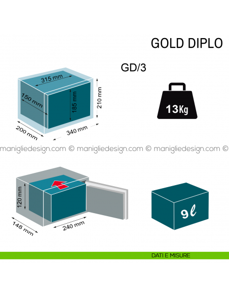 Cassaforte con chiave e combinazione Technomax Gold Diplo GD/3 dimensioni