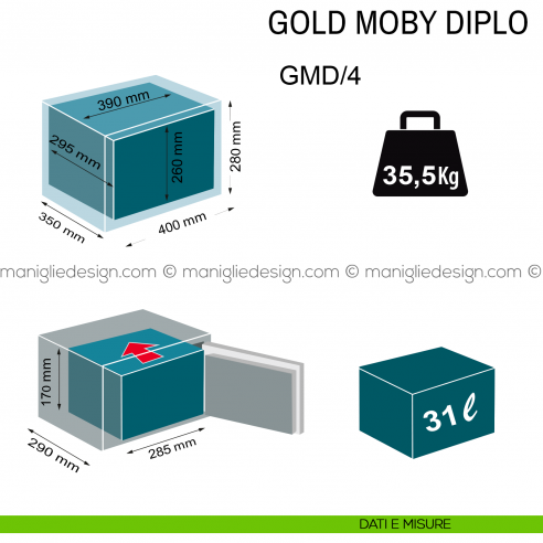 Cassaforte a mobile Technomax Gold Moby Diplo con chiave e combinazione GMD/4 dimensioni