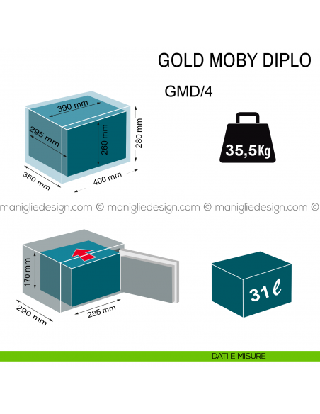 Cassaforte a mobile Technomax Gold Moby Diplo con chiave e combinazione GMD/4 dimensioni