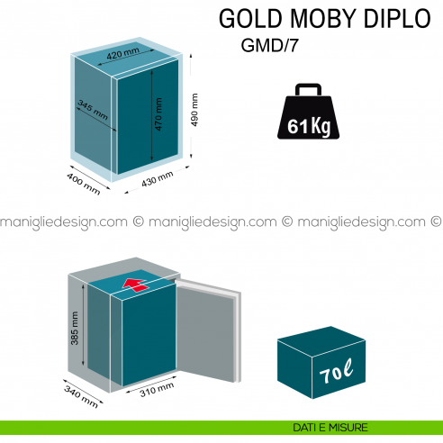 Cassaforte a mobile con chiave e combinazione Technomax Gold Moby Diplo GMD/7 dimensioni