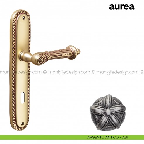 Maniglia per porta con placca Aurea Poggi Mariani argento antico - ASI foro patent