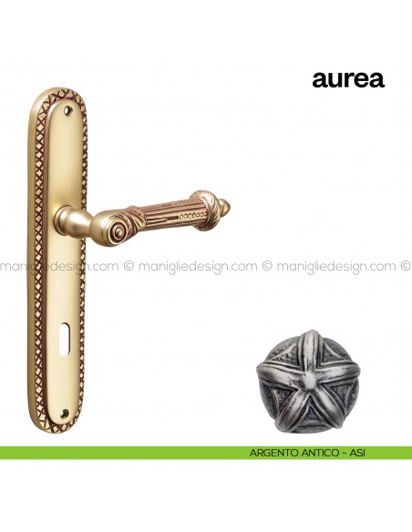 Maniglia per porta con placca Aurea Poggi Mariani argento antico - ASI foro patent