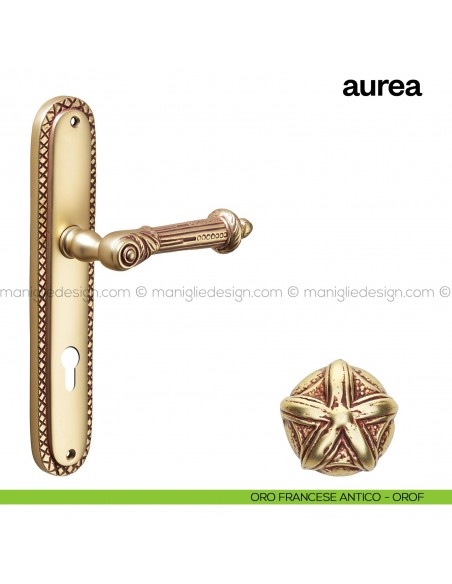 Maniglia per porta con placca Aurea Poggi Mariani oro francese antico - OROF foro yale