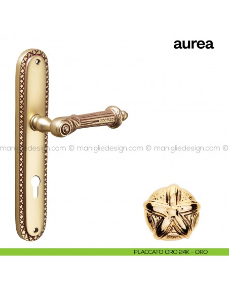 Maniglia per porta con placca Aurea Poggi Mariani placcato oro 24K - ORO foro yale
