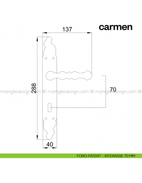 Maniglia per porta con placca Carmen Poggi Mariani foro patent interasse 70 mm