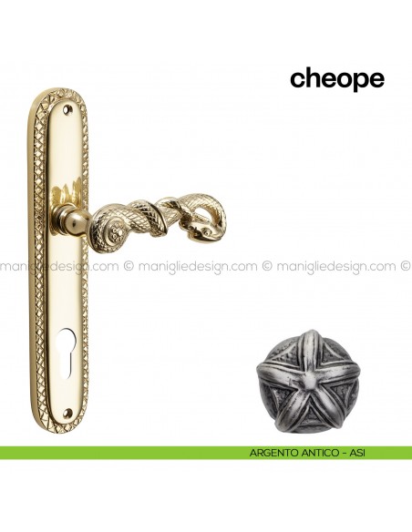 Maniglia per porta con placca Cheope Poggi Mariani argento antico - ASI foro yale