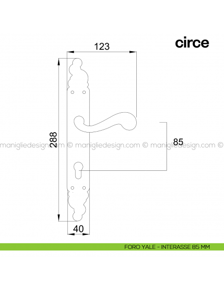 Maniglia per porta con placca Circe Poggi Mariani foro yale interasse 85 mm