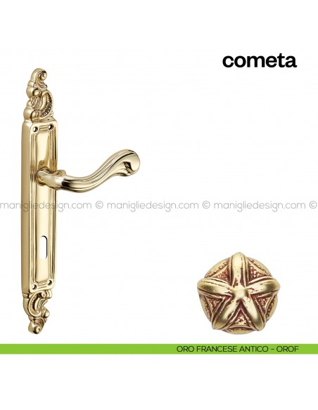 Maniglia per porta con placca Cometa Poggi Mariani Oro francese antico - OROF foro patent