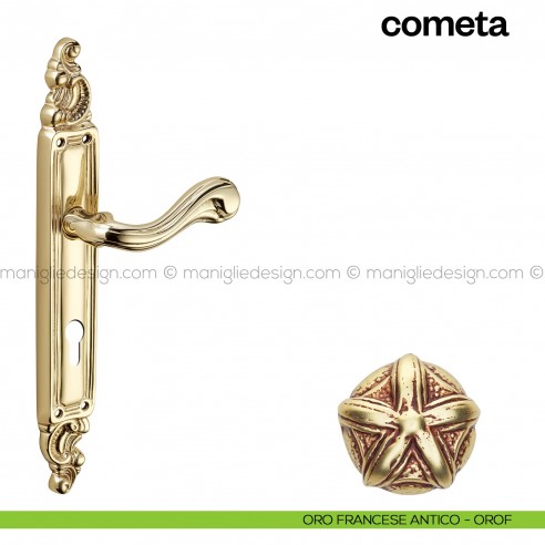 Maniglia per porta con placca Cometa Poggi Mariani Oro francese antico - OROF foro yale